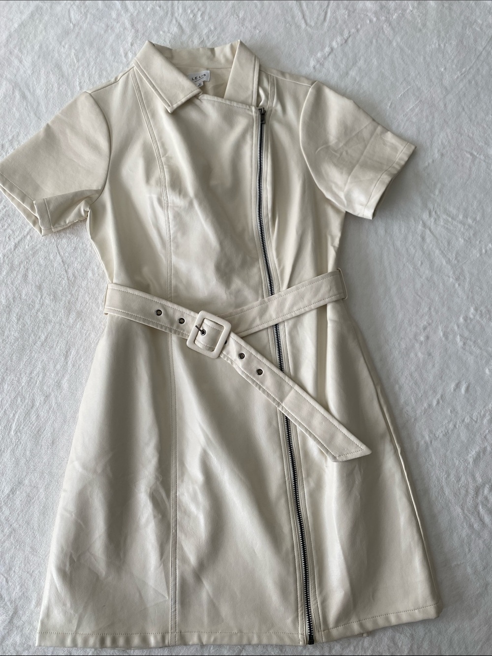 Women's Cream Short-Sleeve Faux-Leather Mini Dress with Belt